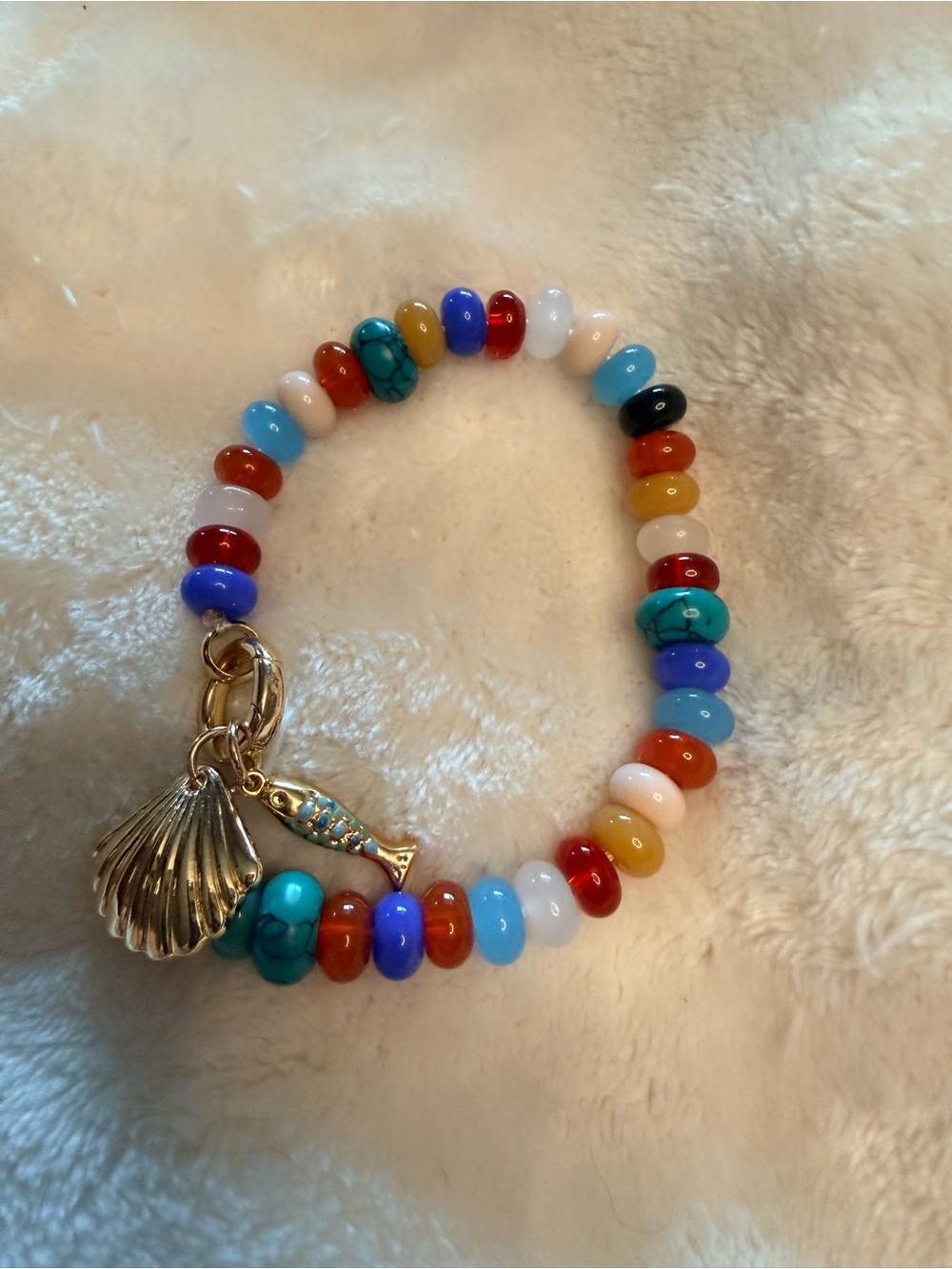 Multicolor Beaded Charm Bracelet with Gold Shell & Fish Charms